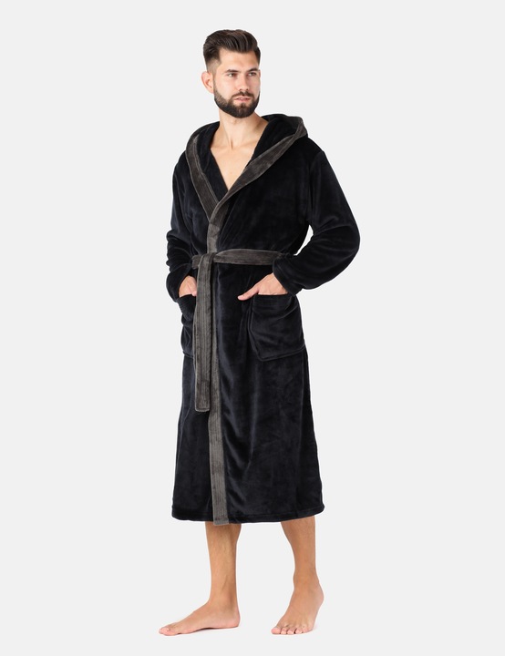 Szlafrok męski z kapturem ciepły miękki 2 kieszenie LA-221 Czarny XXL