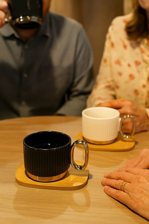 Zestaw 2 filiżanek do kawy w ozdobnym pudełku na prezent podstawki bambus