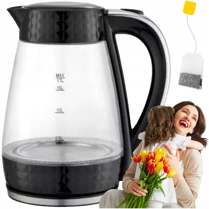 Czajnik elektryczny bezprzewodowy szklany czarny 1,7l 2200W Łucznik