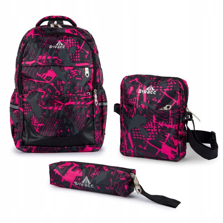 Bivacc Pojemny plecak szkolny młodzieżowy czarny zestaw 3 szt Bivacc
