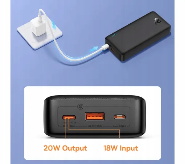 Powerbank Baseus Airpow 20000 mAh 20W PD USB USB-C microUSB Czarny
