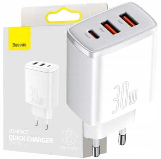 BASEUS SZYBKA ŁADOWARKA SIECIOWA 3xUSB USB-C 30W ZASILACZ DO TELEFONU AFC