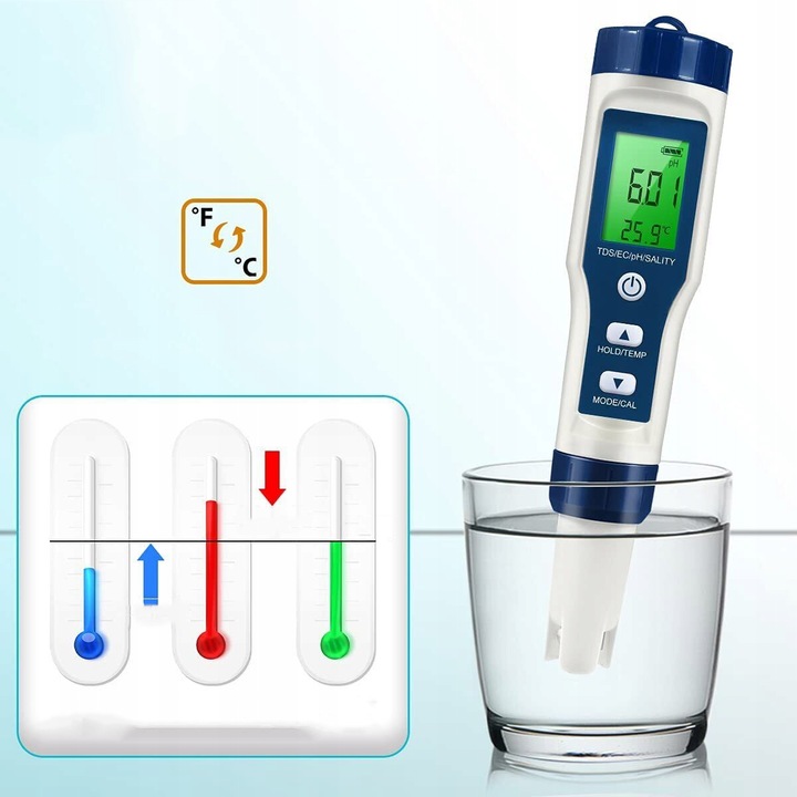 MIERNIK ELEKTRONICZNY TEMPERATURA TESTER PH/TDS/EC/SALINITY/ WODY TESTER