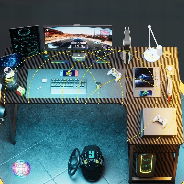 Biurko Gamingowe Narożne z półką i portem ładowania USB na Czarnym