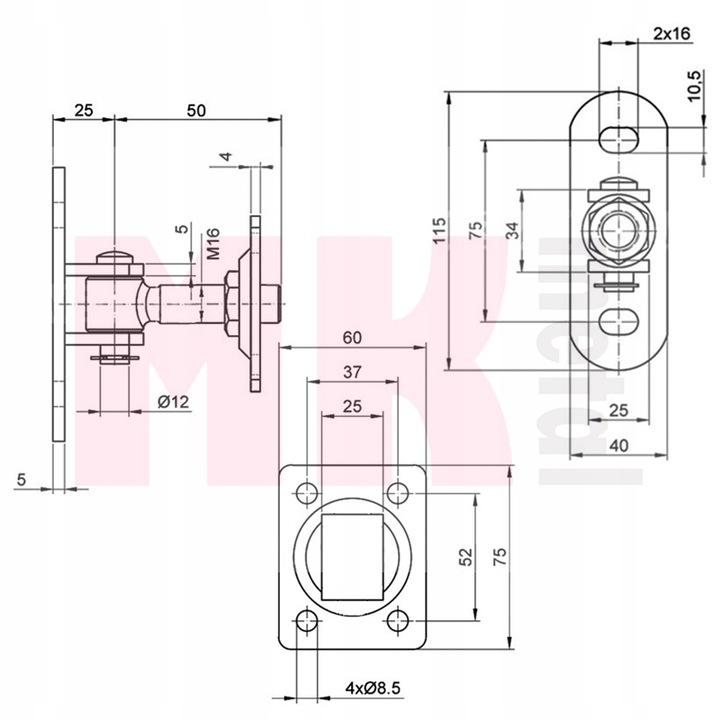 Zawias regulowany M16 dwustronny zawiasy do furtki bramy 60x75 regulowane