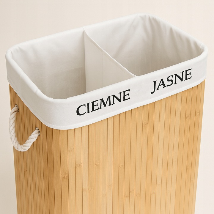 KOSZ BAMBUSOWY NA PRANIE BIELIZNĘ ZAMYKANY DWUKOMOROWY POJEMNIK WĄSKI 100L
