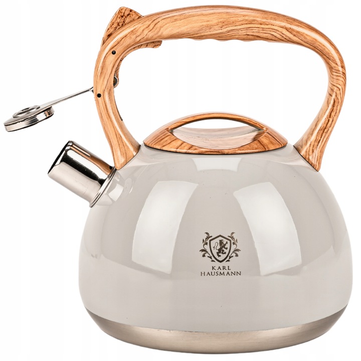 CZAJNIK STALOWY GAZ 3l SZARO KREMOWY z GWIZDKIEM DREWNIANA RĄCZKA