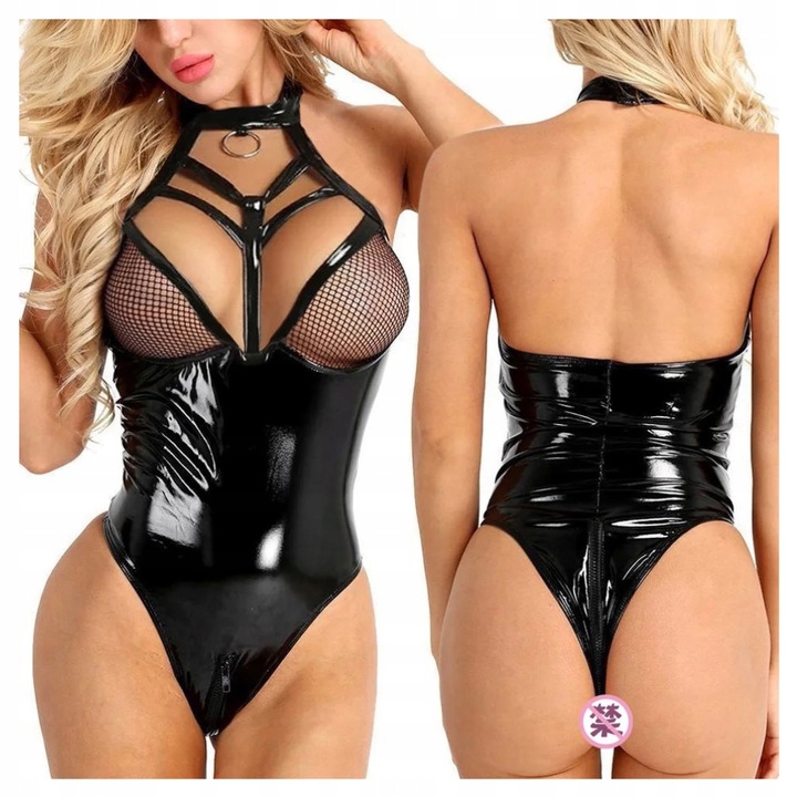 CZARNE błyszczące body Z ZAMKIEM LATEX LATEKSOWE SKÓRZANE BDSM KABARETka L