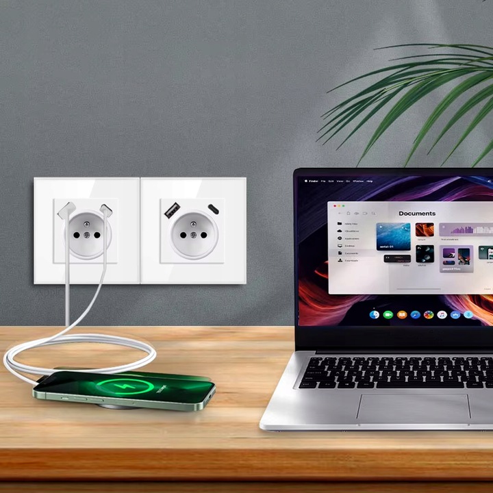 Gniazdko pojedyncze SZKLANE 230V KONTAKT z BOLCEM uziemieniem BIAŁE + USB C