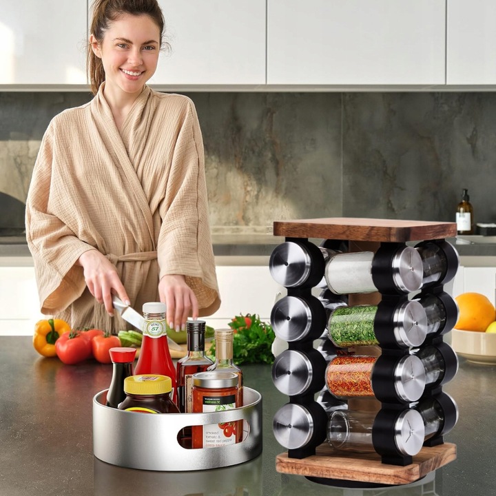 POJEMNIKI NA PRZYPRAWY STOJAK PRZYPRAWNIK OBROTOWY Drewniany 16 SŁOICZKÓW