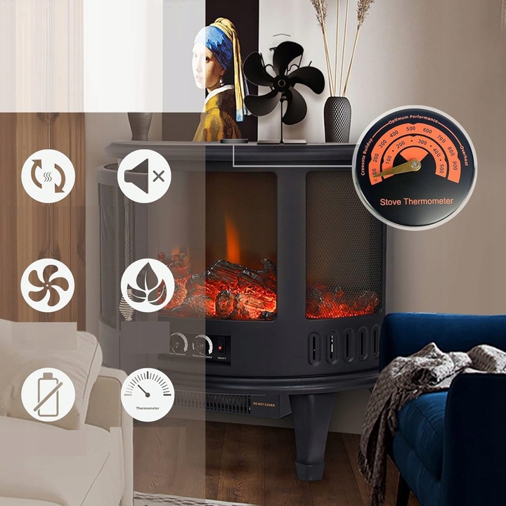 WENTYLATOR KOMINKOWY DO PIECA 5 ŁOPATEK CICHY WIATRAK 40DB ZASILANY