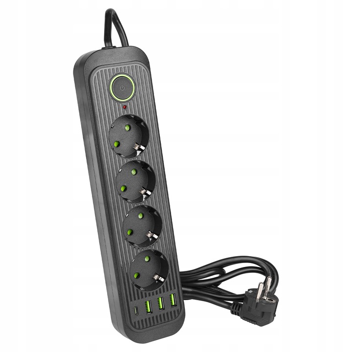 Przedłużacz listwa zasilająca 2m 4 GNIAZDA UZIEMIENIE 4x USB C CZARNY
