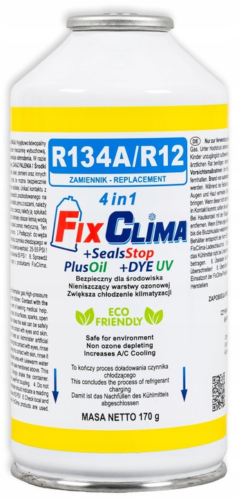 GAZ DO NAPEŁNIANIA KLIMATYZACJI AUT R134A CZYNNIK CHŁODNICZY 4W1 FIX KLIMY