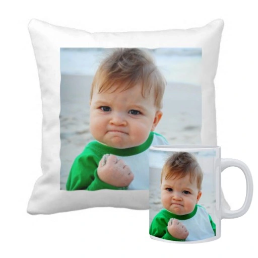 Poduszka i kubek PREZENT zdjęcie, tekst, logo Unikalny