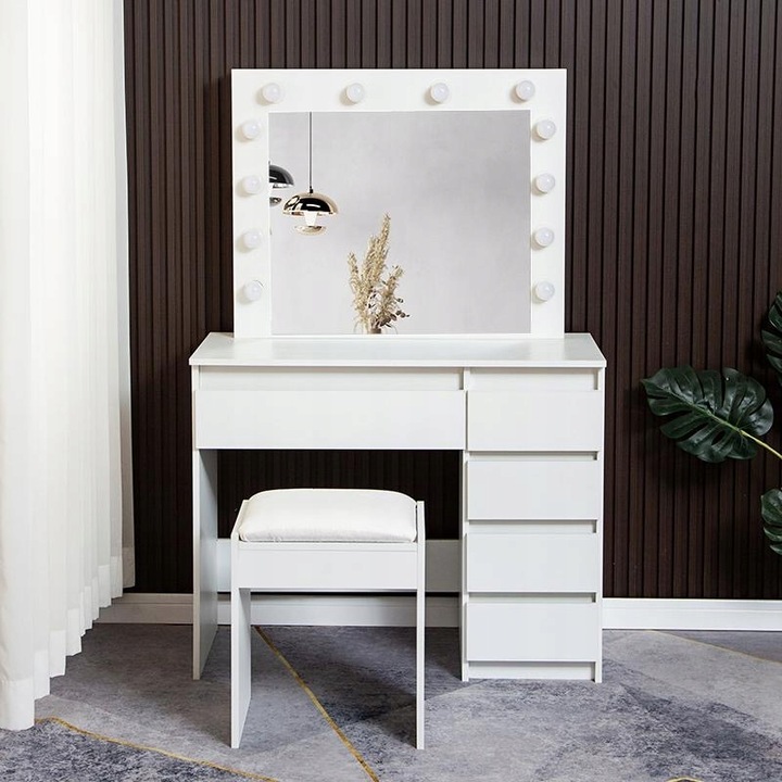 TOALETKA KOSMETYCZNA BIAŁA Reha M z OŚWIETLENIEM Z LUSTREM LED TABORETEM