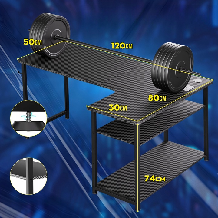 Biurko Gamingowe Narożne z półką i portem ładowania USB na Czarnym