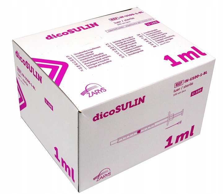 Strzykawki Insulinowe Z Igłą U100 1ml Zestaw 100 Sztuk 0,4x13 mm Zarys