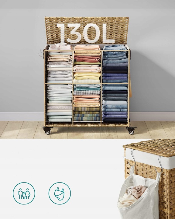 Kosz NA PRANIE pojemnik RATTAN naturalny NA KÓŁKACH 3 PRZEGRÓDKI 140L