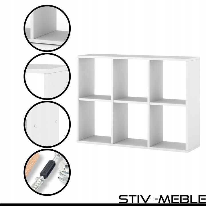 REGAŁ NA KSIĄŻKI BIAŁY OTWARTY 6 POJEMNYCH DREWNIANYCH PÓŁEK NA