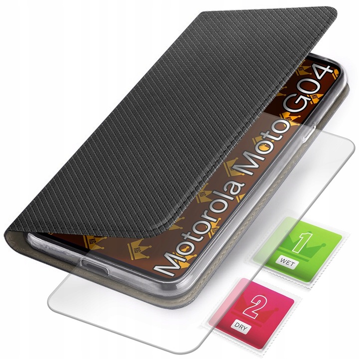 ETUI Z KLAPKĄ DO Motorola Moto G04 / G24 / E14 CZARNE ZAMYKANE + SZKŁO 9H