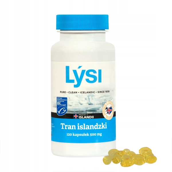 Tran Lýsi islandzki kapsułki OMEGA 3 witaminy A D E 500 mg 120 kapsułek