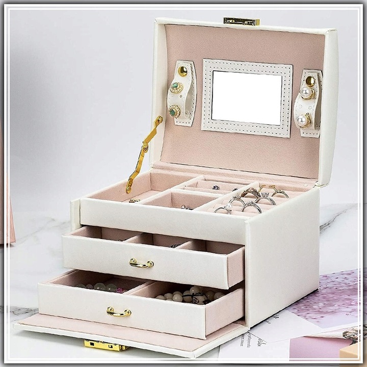 SZKATUŁKA KUFEREK NA BIŻUTERIĘ POJEMNY ELEGANCKI PUDEŁKO Z LUSTERKIEM BIAŁE