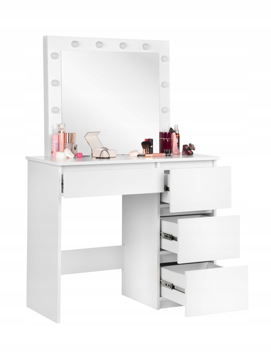 BIAŁA TOALETKA KOSMETYCZNA Z LUSTREM 12xLED SZUFLADY