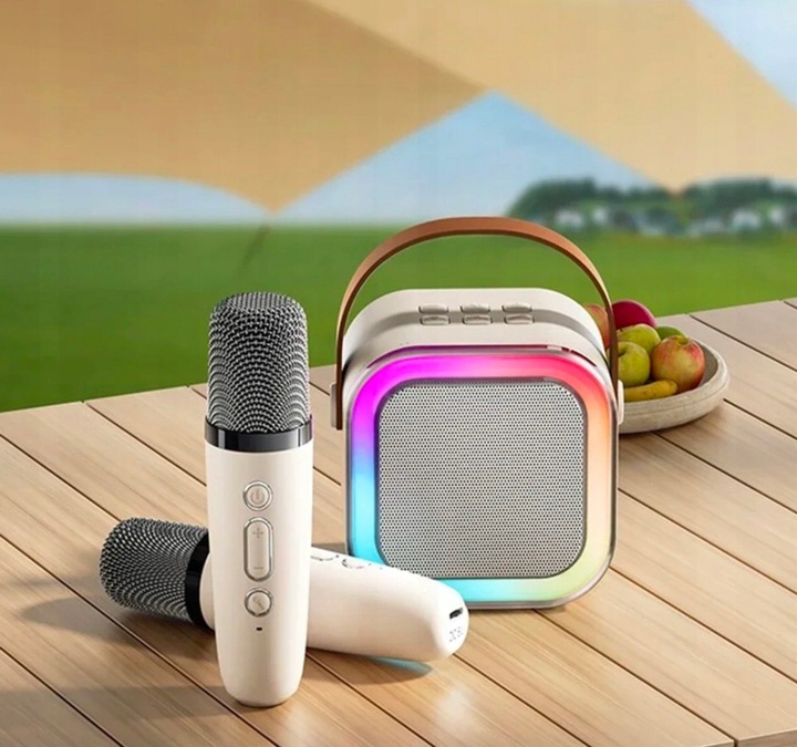PRZENOŚNY GŁOŚNIK BLUETOOTH KARAOKE 2 MIKROFONY ZESTAW USB SD MINI JACK RGB
