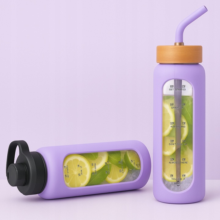 Szklana butelka na wodę z motywywacją miarką z 2 słomkami bidon z