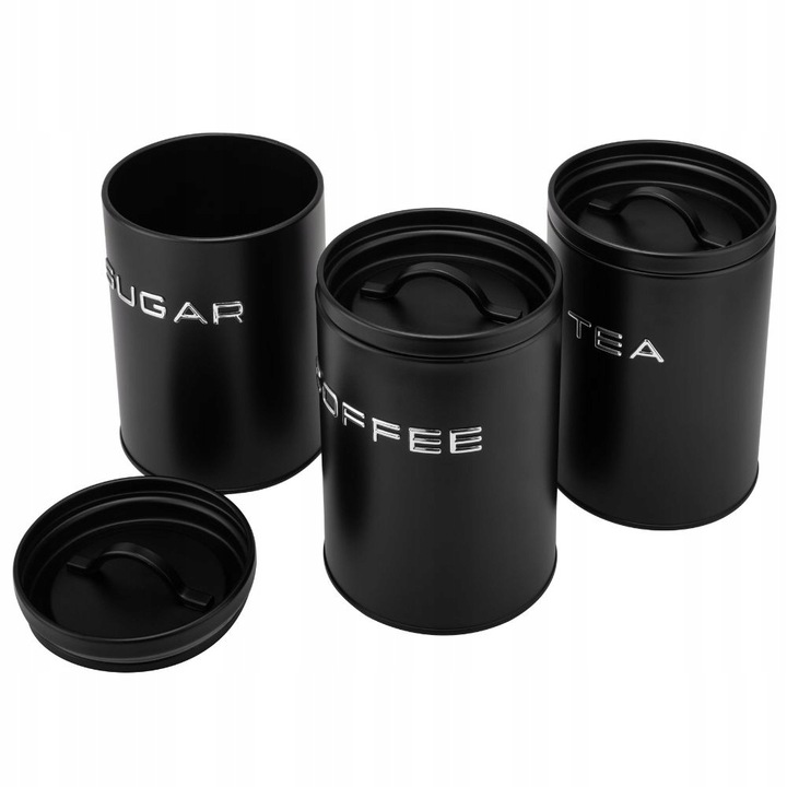 Komplet 3 pojemniki ALEX COFFEE SUGAR TEA czarny kawa cukier herbata zestaw