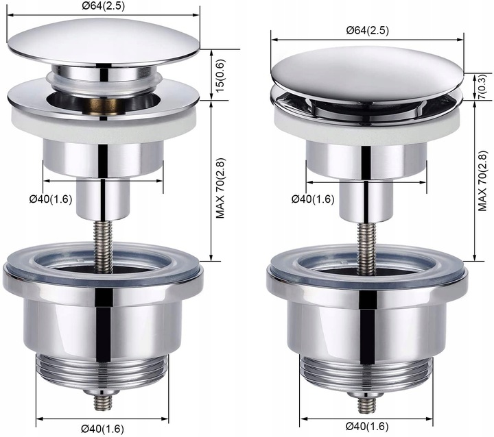 KOREK UMYWALKOWY KLIK KLAK DO UMYWALKI z Przelewem Bez Przelewu UNIWERSALNY