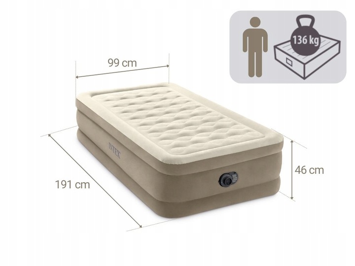 Materac Dmuchany Jednoosobowy Łóżko INTEX z Pompką 230V Welurowy MODEL 2025