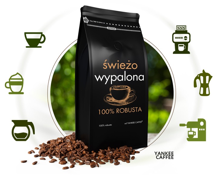 Kawa ziarnista 1kg ŚWIEŻO PALONA 100% ROBUSTA Z Palarni Do ekspresu