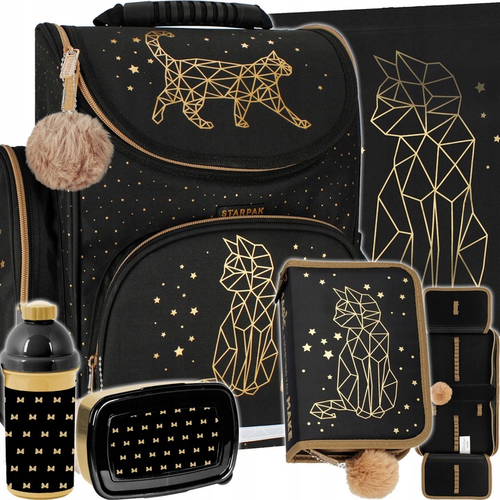 TORNISTER SZKOLNY PLECAK DLA DZIEWCZYNKI ZŁOTY KOTEK FUTERKO 5 elementów