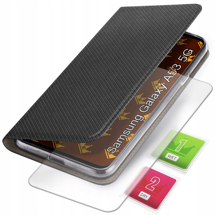 ETUI Z KLAPKĄ DO SAMSUNG GALAXY A53 5G CZARNE ZAMYKANE MAGNETYCZNE + SZKŁO