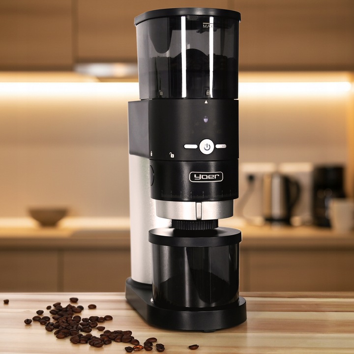Żarnowy elektryczny młynek kawy Yoer 350W automatyczny +43 Poziomy