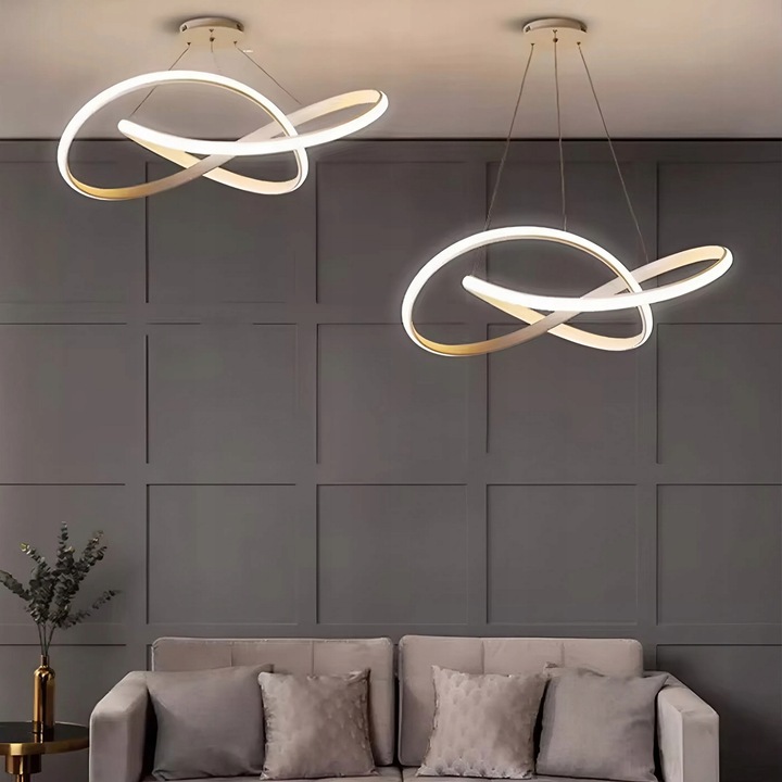 LAMPA LED SUFITOWA WISZĄCA ZŁOTA ŻYRANDOL WSTĘGA Z PILOTEM BARWA