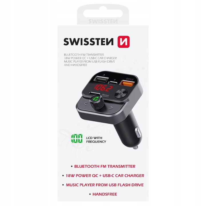 SWISSTEN Transmiter FM Bluetooth USB-A na PENDRIVE SZYBKA ŁADOWARKA USB-C