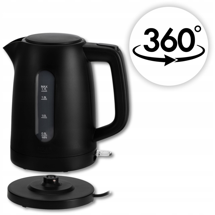CZAJNIK ELEKTRYCZNY BEZPRZEWODOWY 2200W 1,7l CZARNY CICHY Z