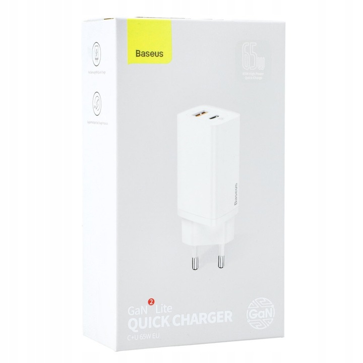Ładowarka sieciowa Baseus GaN2 USB-A, USB-C PD, QC, zasilacz, kostka 65W