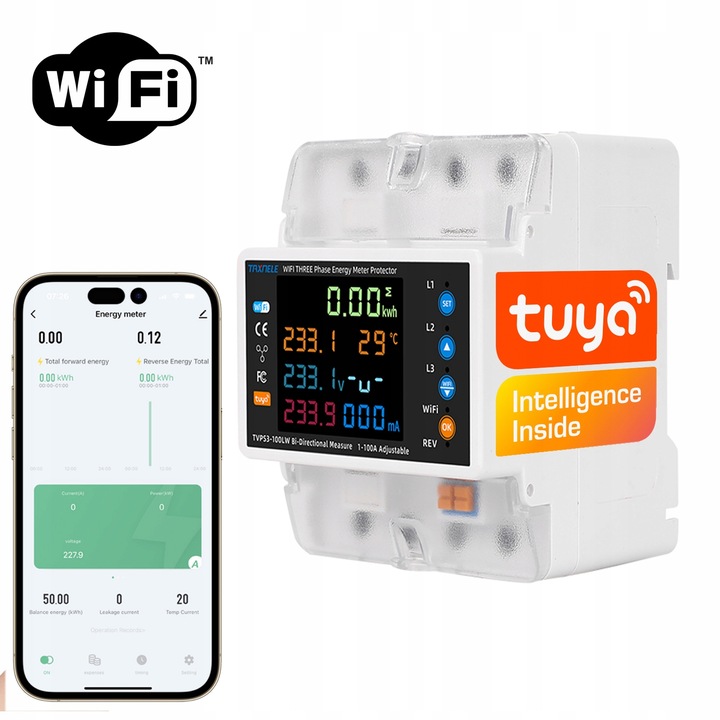 Licznik energii prądu 3-fazowy 2-kierunki PV przekaźnik 100A LCD WiFi