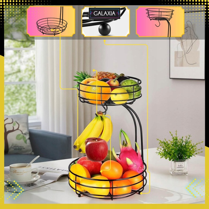 KOSZ NA OWOCE I WARZYWA Koszyk Stojak Piętrowy Czarny Dwupoziomowy