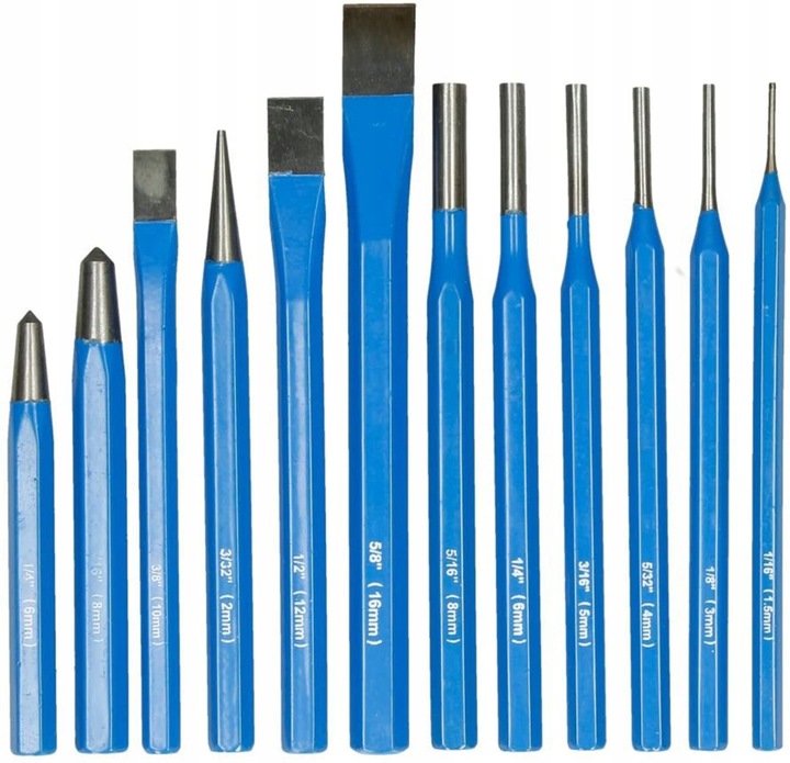 ZESTAW PUNKTAKÓW, PRZECINAKÓW I WYBIJAKÓW 12 ELEMENTÓW STAL CrV