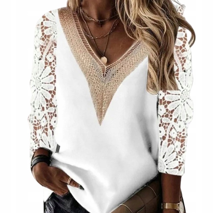 Elegancka bluzka damska modna stylowa biała z koronką i kwiatowymi