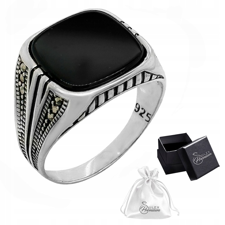 Sygnet srebrny pr. 925 Onyks Pierścień z Onyksem i Markazytami | r. 19