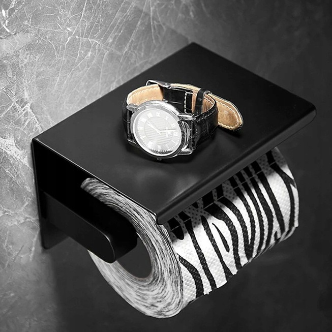 UCHWYT NA PAPIER TOALETOWY Z PÓŁKĄ CZARNY WIESZAK STALOWY ŁAZIENKA DOM WC