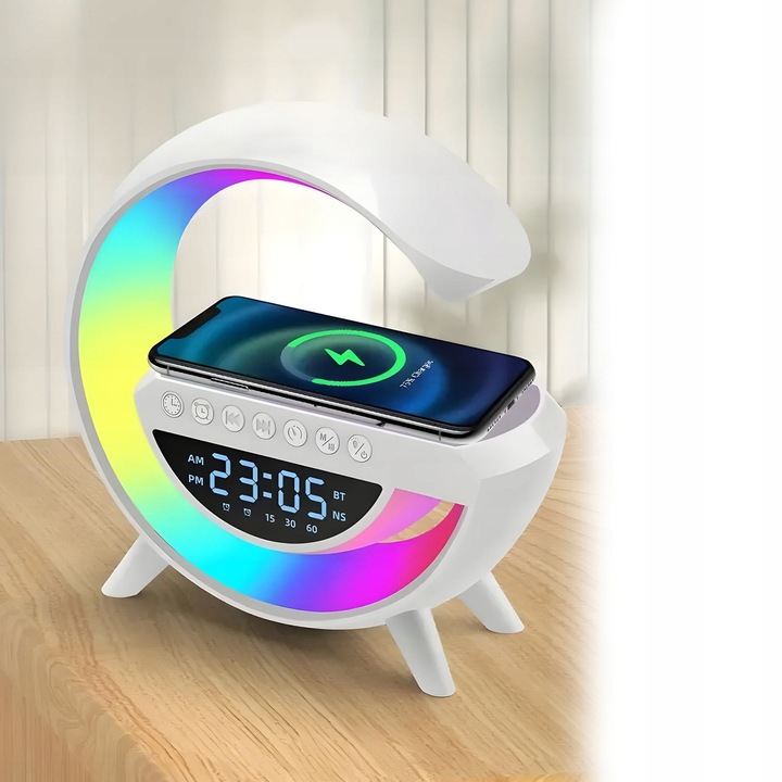 Lampka nocna biurkowa 6w1 | Zegar | Budzik | Radio | Ładowarka | Głośnik