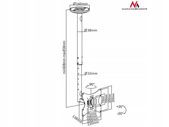 Uchwyt do telewizora sufitowy Maclean, 23-42", 50 - 85 cm, 30kg, czarny, MC