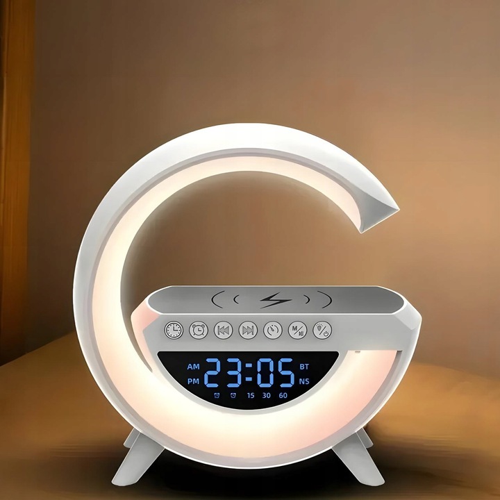 Lampka nocna biurkowa 6w1 | Zegar | Budzik | Radio | Ładowarka | Głośnik