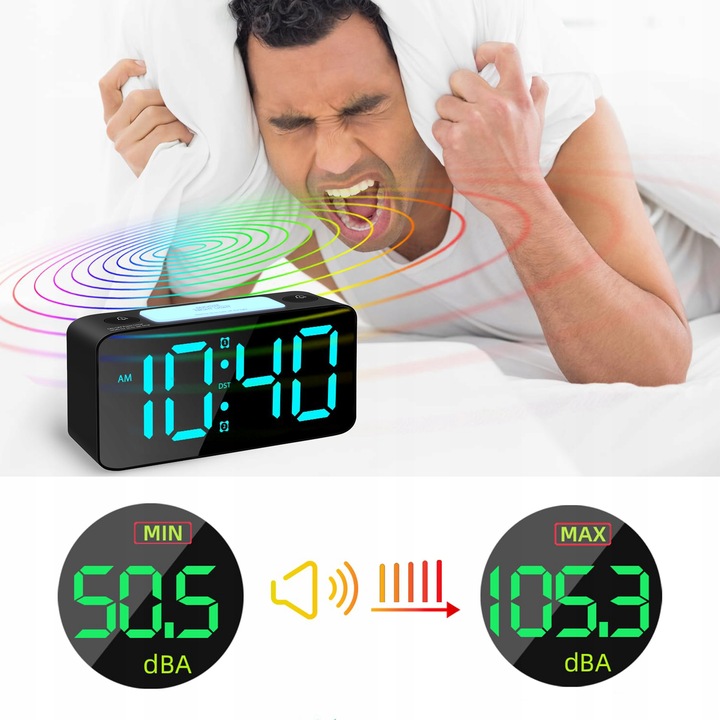 ELEKTRONICZNY BUDZIK LED ZEGAR STOŁOWY STOJĄCY RGB GŁOŚNY CZAS ALARM LAMPKA